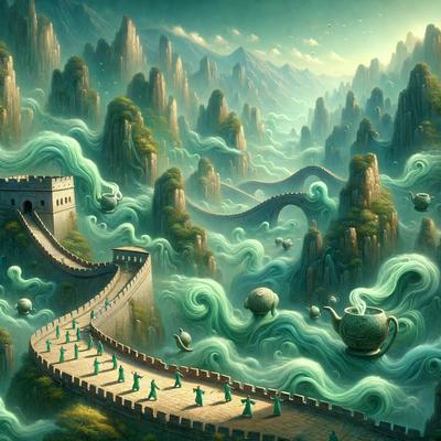 The primary subject of the image is a group of people walking on a bridge. The setting is a mountainous landscape with a waterfall and a castle in the background. The visual style is a digital art illustration, creating a surreal and fantastical atmosphere. The dominant colors are green, blue, and white, with the waterfall adding a splash of red. The overall mood is one of adventure and exploration.